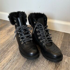 New Charles David Black Leather Fur Lace Up Boots in size 6.5